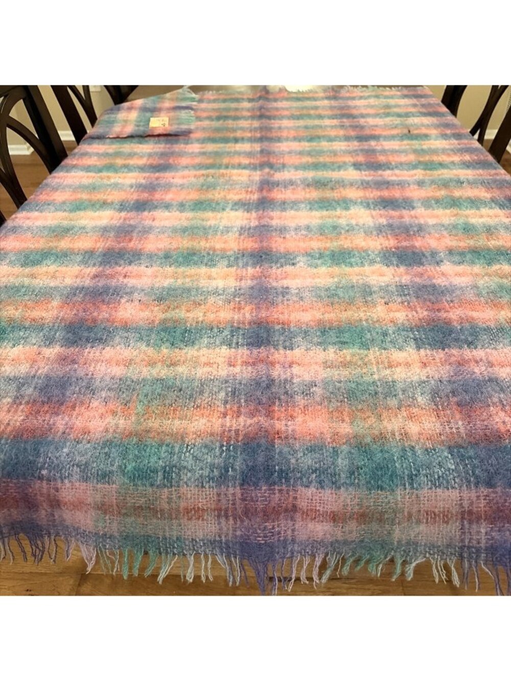 John Hanly & Co Mohair Wool Blanket Plaid 56x66" Green Pink Fringe Made Ireland
